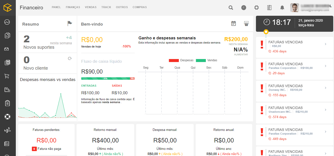 Sistema Financeiro Faturamento CRM Clientes ERP completo em português